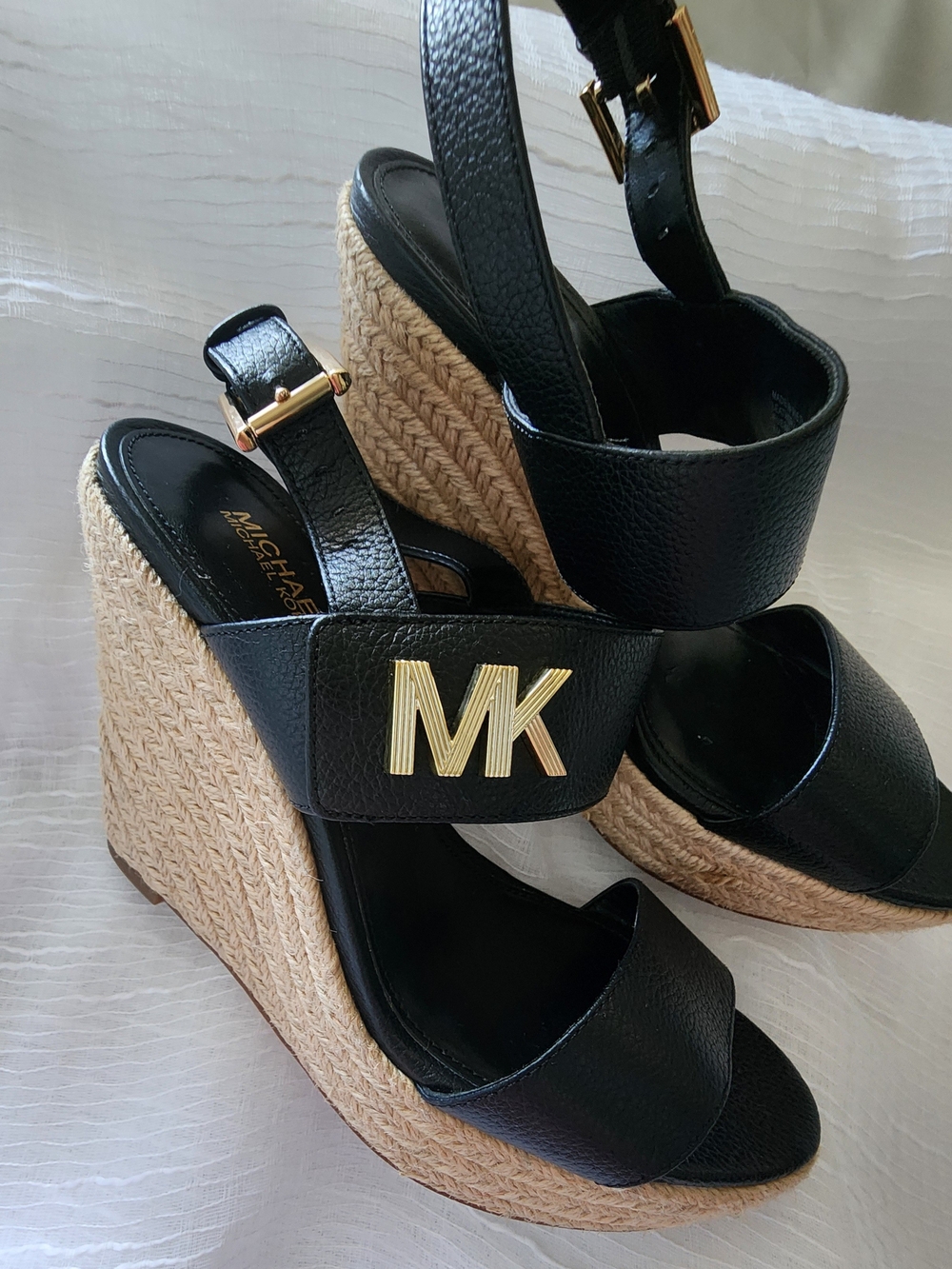Michael Kors Black Leather Espadrille Wedge Sandals with Gold MK